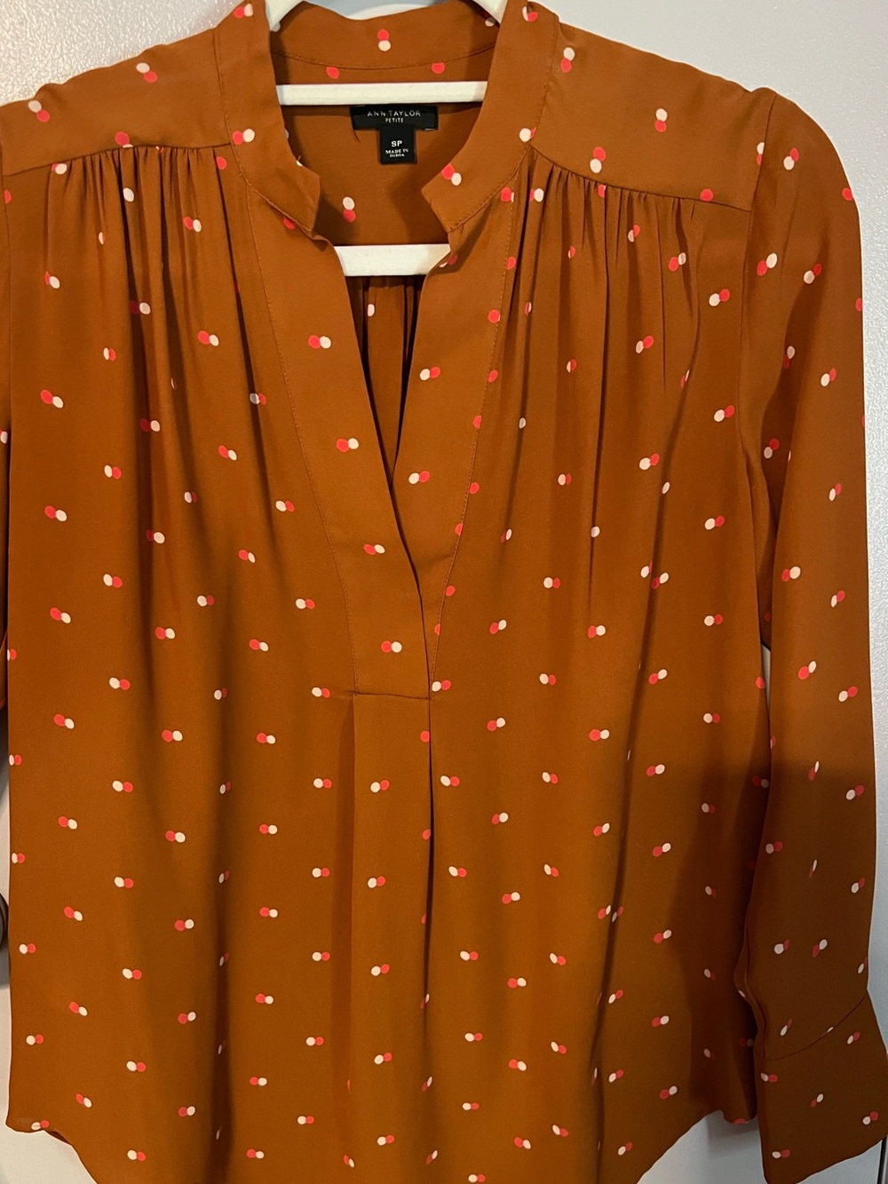 Ann Taylor Rust Orange Dot Split-Neck Blouse